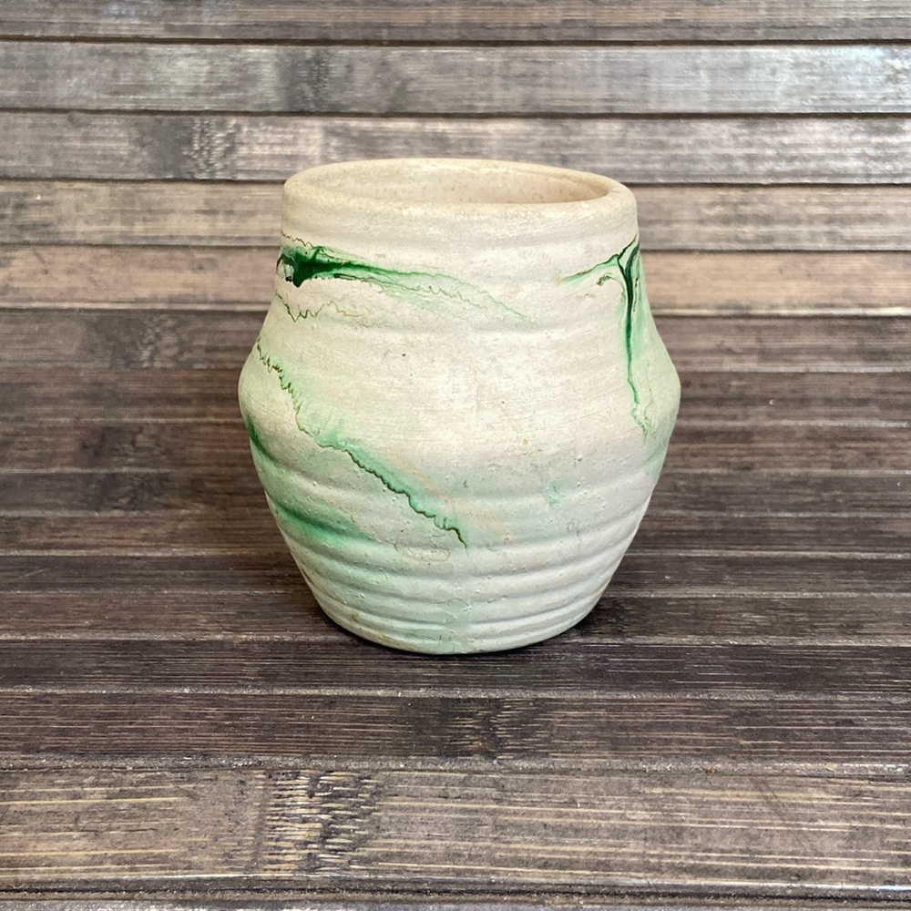 Vintage Nemadji USA Clay Pottery Small Vase Hand-Dipped Swirled Green
